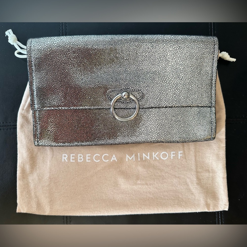 Rebecca Minkoff Large Clutch Metallic Silver Leather Bag with Dustbag